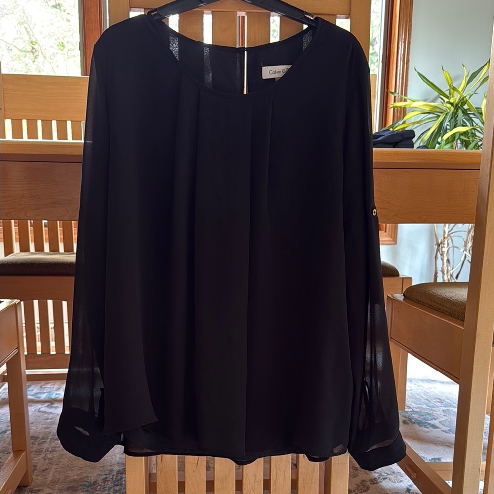 Calvin Klein Black Relaxed Blouse with Sheer Sleeves